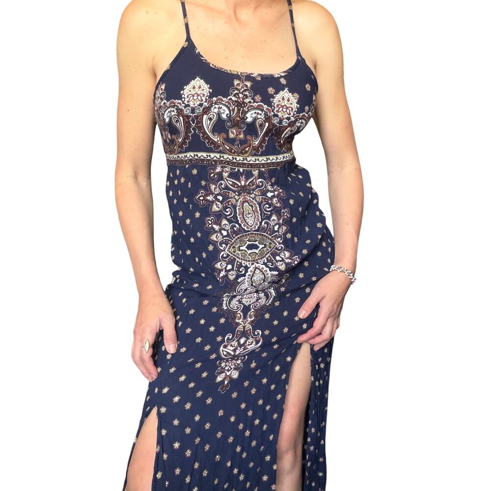 Boho Paisley Maxi Dress Open Back Festival Dress Slit Sundress